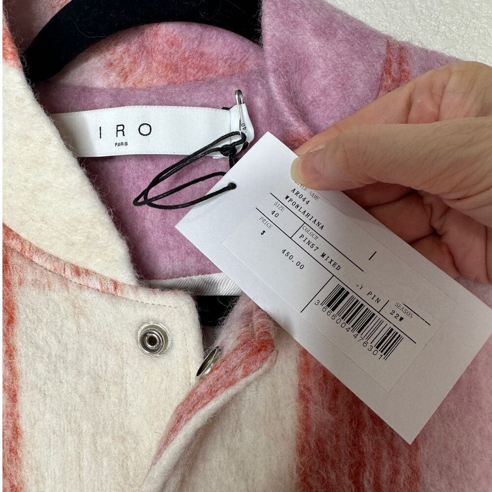 IRO Lahiana Biker Jacket Pink Tartan Plaid Long Sleeve Wool Bomber 40 / M - Picture 11 of 14